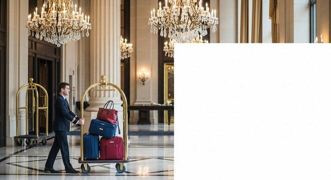 Elegant hotel lobby with luggage cart and bellhop, symbolizing luxurious guest services and travel amenities