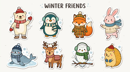 Obraz premium Cartoon animals dressed warmly in winter setting