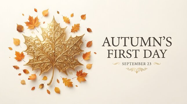 Autumns first day september 23 text with an ornate golden maple leaf isolated on white background