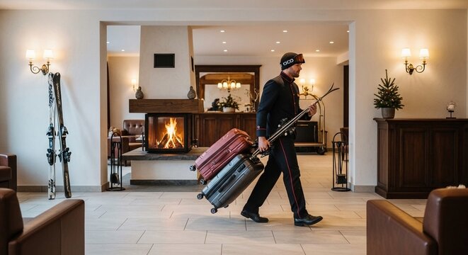 Hotel bellhop transporting ski equipment and luggage through a lobby with a fireplace