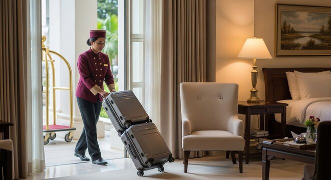 Hotel Bellhop Woman Assisting with Luggage at Entrance, Providing Seamless Guest Transport Service