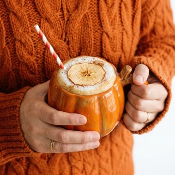 Person wearing a cozy orange cable knit sweater holding a pumpkinshaped mug filled with a warm spiced drink, topped with foam and a dried apple slice