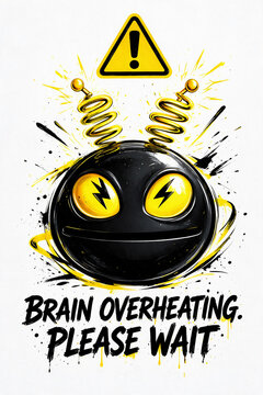 Grunge-style design featuring a bright yellow accent and an image of a funny little creature, a like smiley face. Inscription:  Brain overheating. Please wait. 
