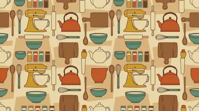 Retro seamless pattern with kitchen utensils, stand mixer, kettle, bowls and baking tools in flat vector style on beige background