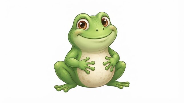 The Image Is A Cartoon Illustration Of A Green Frog Sitting On A White Background