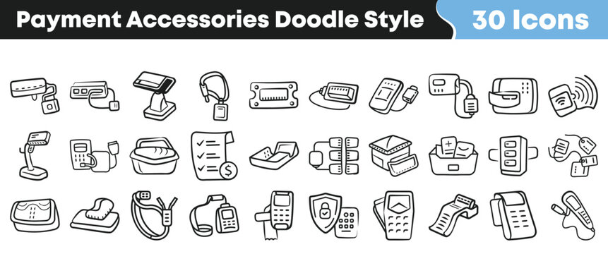 Hand drawn collection of financial payment accessories in doodle style