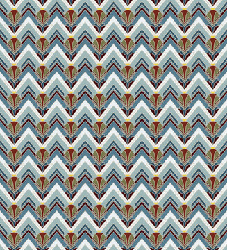 Geometric tile seamless pattern with blue and olive motifs