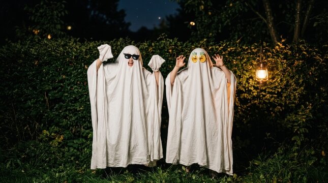 Two people wearing white bed sheets as ghost costumes with sunglasses and pineapple glasses standing in a garden at night with a lantern