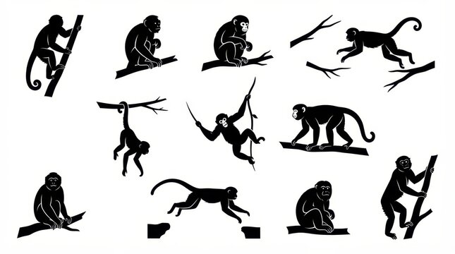 The Image Is A Collection Of Nine Black Silhouettes Of Monkeys On A White Background