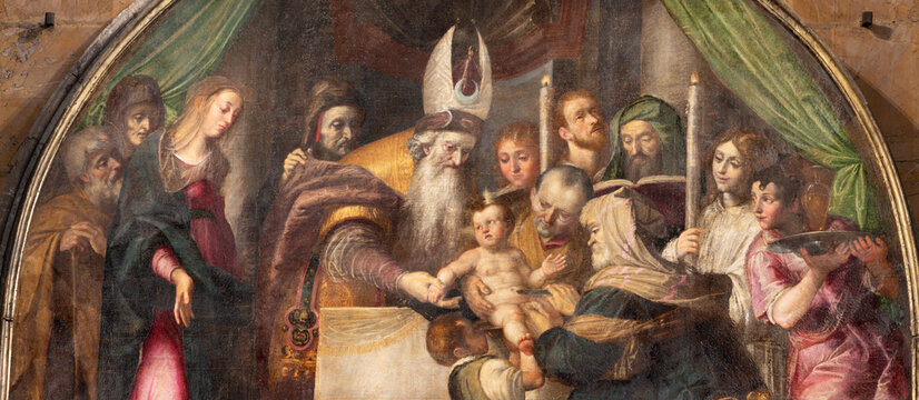 Perugia - The detail of Circumcision of Jesus in the church Chiesa del Gesu by Michele Desubleo from 17. cent.