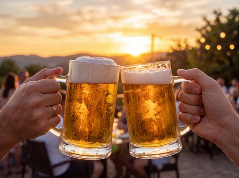 Two hands toasting with large beer mugs at sunset