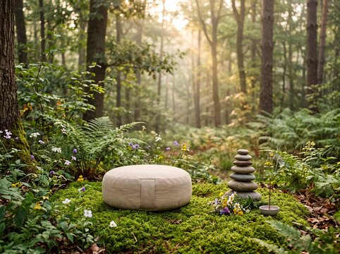 Meditation cushion and zen stone stack in a sunlit forest