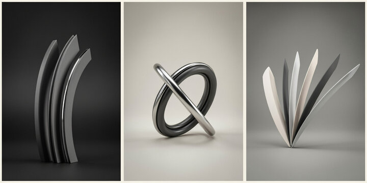 Abstract composition of curved metallic structures, interlocking rings, and layered paper