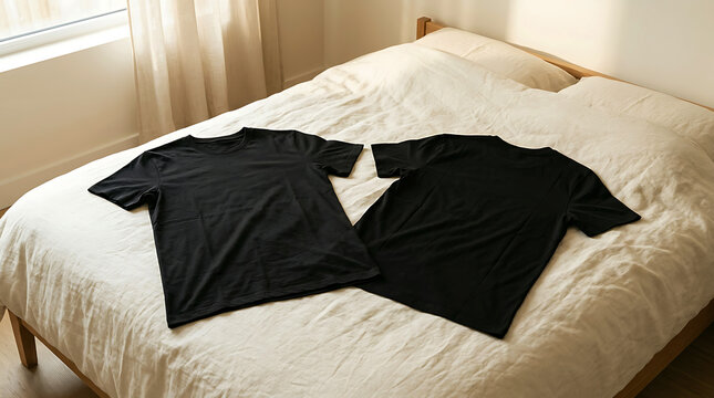 Two black t-shirts laid out flat on a cozy light-colored bed mockup