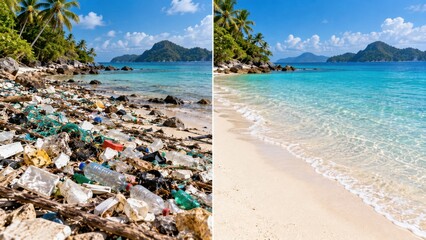 Obraz premium Polluted and Clean Tropical Beach Comparison Showing Plastic Waste and Ocean Conservation