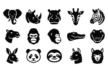 Fototapeta premium Set of black and white animal head icons featuring various wild and domestic species in a minimalist style
