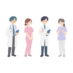 Fototapeta premium 医療チームのイラスト。医師、看護師、薬剤師、歯科衛生士が並んで立つフラットベクターイラスト。白衣やスクラブを着た多様な医療従事者たちが、聴診器、クリップボード、薬瓶、歯の模型を持っている。病院やクリニックのスタッフをイメージしたキャラクターセット。