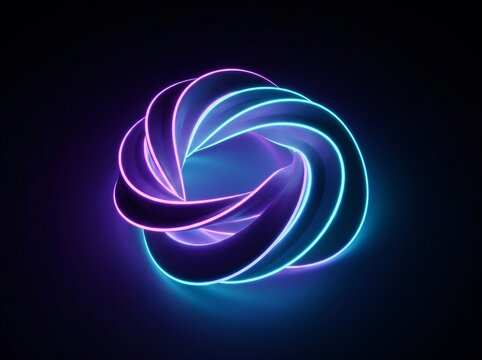 Twisted neon torus spiral knot with glowing cyan and purple edges. Futuristic abstract 3D object background for modern tech branding, cyber identity, and web interfaces. 3D render illustration.