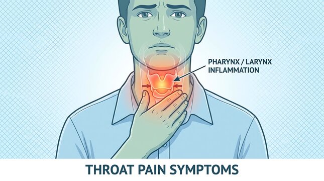 Medical illustration of throat pain symptoms, pharynx and larynx inflammation diagram, man with sore throat and neck redness