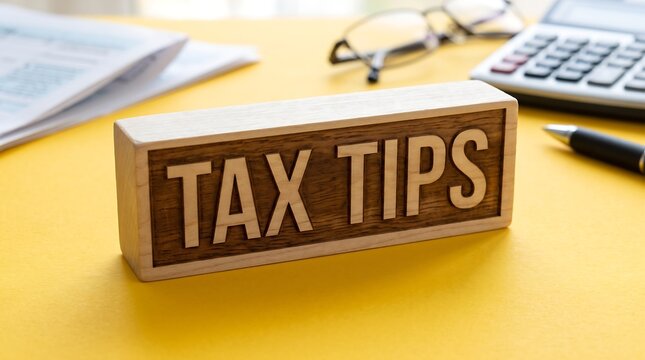 Tax tips wooden block on yellow desk. Financial advice concept with calculator and glasses. Accounting and tax planning workspace.