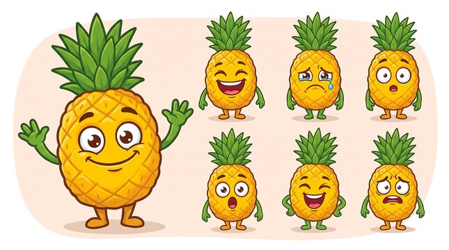 Cute pineapple cartoon character set, funny fruit mascot with various facial expressions, tropical pineapple emoji collection for kids