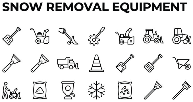 Snow Removal Equipment Icon Set Representing Winter Tools and Machinery in Minimal Line Style