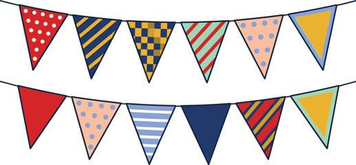 Obraz premium Colorful Party Bunting Flags Vector Set Featuring Hanging Festive Garlands with Polka Dots Stripes and Geometric Patterns for Birthday and Holiday Celebration Designs