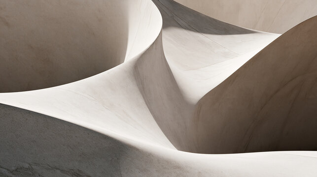 Minimalist abstract curved architectural concrete structure with soft light shadows.