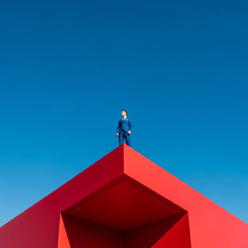Man in Blue Suit Standing on Red Geometric Structure Against Clear Blue Sky
