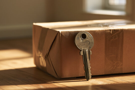 Vintage Key Hanging from a Cardboard Box in Warm Sunlight