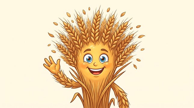 Cheerful wheat character illustration, happy golden grain mascot waving, cute cereal plant cartoon for organic food branding