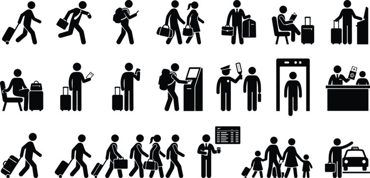 Black and white airport travel pictogram icon set showing passengers, luggage, security check, and boarding procedures