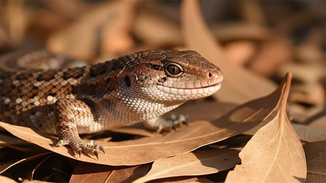 Blue tongued skink lizard flicking tongue on dry autumn leaves close up macro portrait