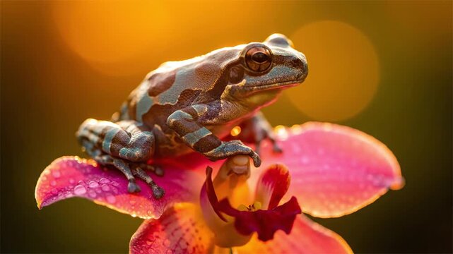 Amazon milk frog perched on pink orchid flower close up macro portrait with golden bokeh background