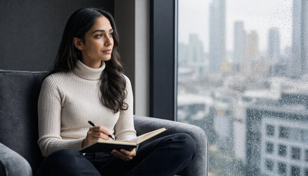 Woman writing in notebook while gazing out rainy city window in contemplative solitude