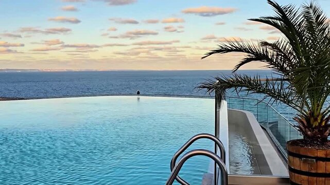 Rooftop swimming pool overlooking the sea, surrounded by palm trees, lounge chairs and glass safety railings under a blue summer sky