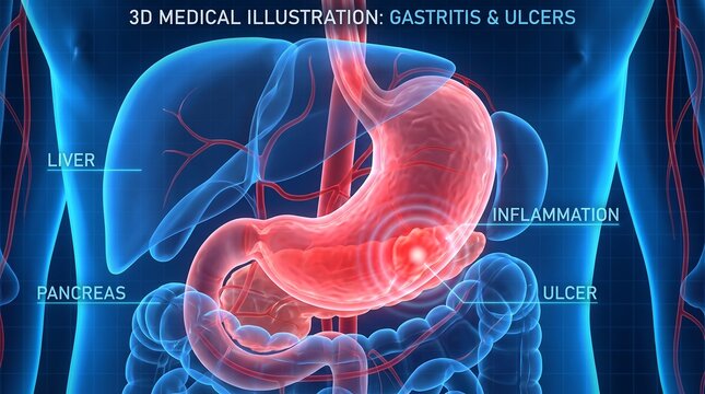 3D medical illustration of gastritis and ulcers. Human digestive system with stomach inflammation. Blue and red anatomical diagram.