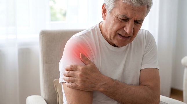 Senior man suffering from shoulder pain, elderly male with joint inflammation, patient touching painful arm in bright living room
