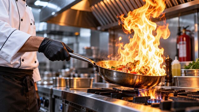 Professional chef cooking with a flambe technique in a commercial restaurant kitchen, holding a frying pan with rising bright flames