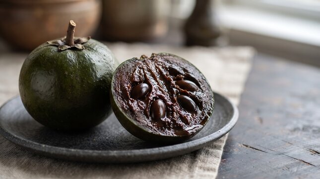 Green black sapote fruit whole and cut in half showing dark pulp and seeds on plate.