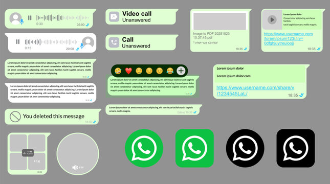 WhatsApp Messenger chat elements and icons, green mobile messaging user interface, communication vector resource pack