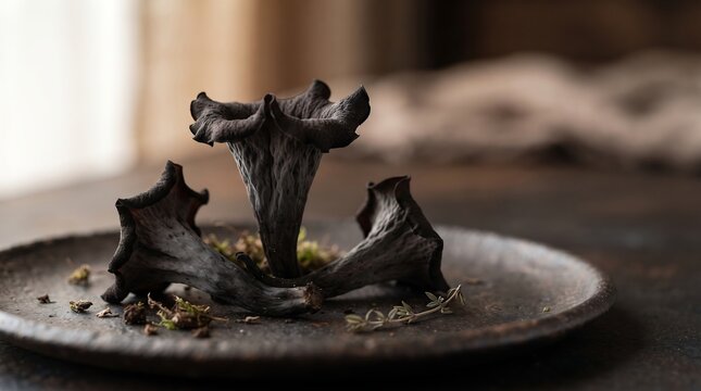 Black trumpet mushrooms wild edible fungi on dark plate with thyme and moss garnish.