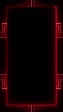 Red neon art deco frame with glowing lines on black vertical background for gaming overlays