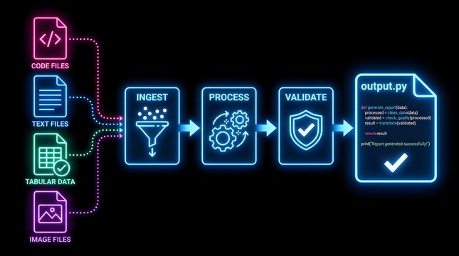 Neon data pipeline flowchart illustrating file ingestion, processing, and validation workflow.