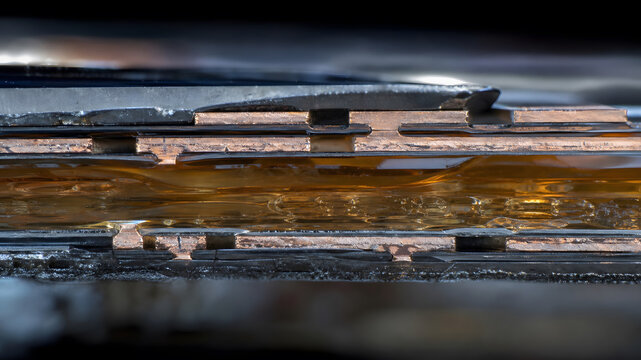 Macro cross section of multilayer circuit substrate showing copper and resin layers