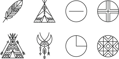 Tribal ethnic symbols set featuring traditional feather teepee dreamcatcher geometry artwork elements for indigenous culture graphic designs © MISSMASUMA