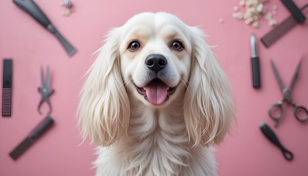 portrait of cute happy white Spaniel around pink background with trimming tools. conceptual Digital artwork. Ai generated