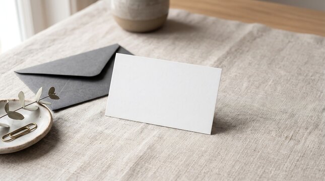 Minimalist folded card on linen fabric with dark envelope and decorative gold clip on rustic table.