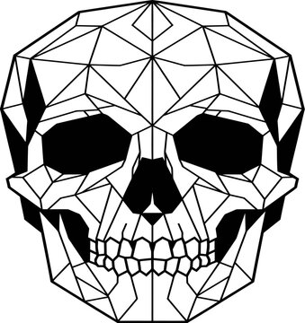 Polygonal skull illustration made of triangle wireframe lines for dark aesthetic design.