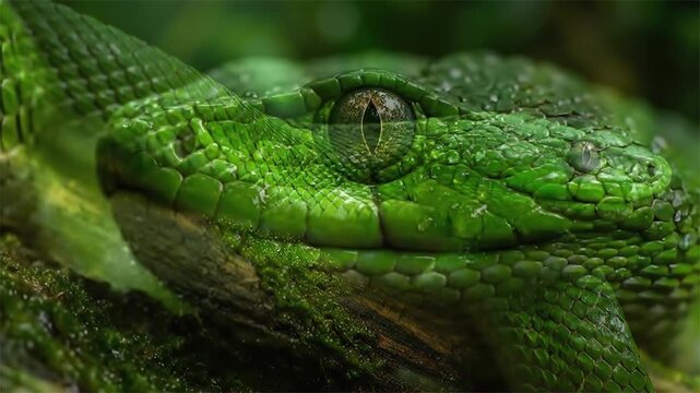 Green pit viper snake perched on mossy branch close up extreme macro portrait in rainforest